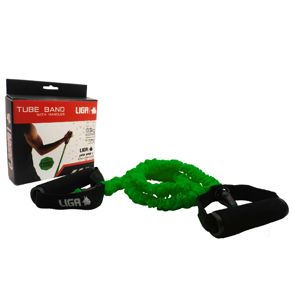 Λάστιχο αντίστασης με λαβές και κάλυμμα από ύφασμα  (tube band - fabric cover)(Επίπεδο αντίστασης 13,5 κιλά-πρασινο) LIGASPORT*